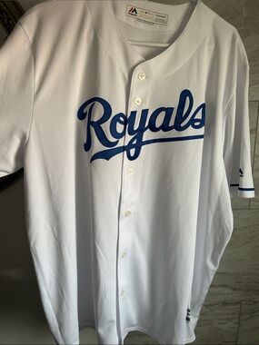 Majestic White Royals Button-Front Baseball Jersey with Blue Script